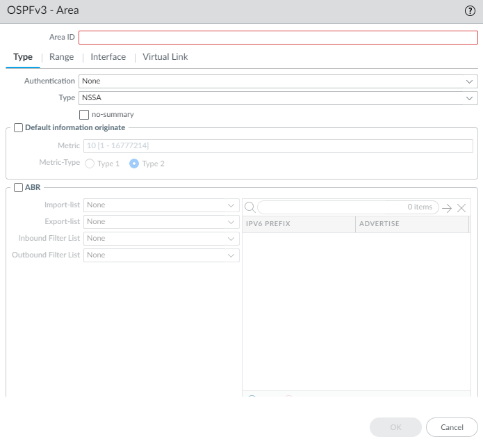 OSPFv3 Area configuration - Type tab.